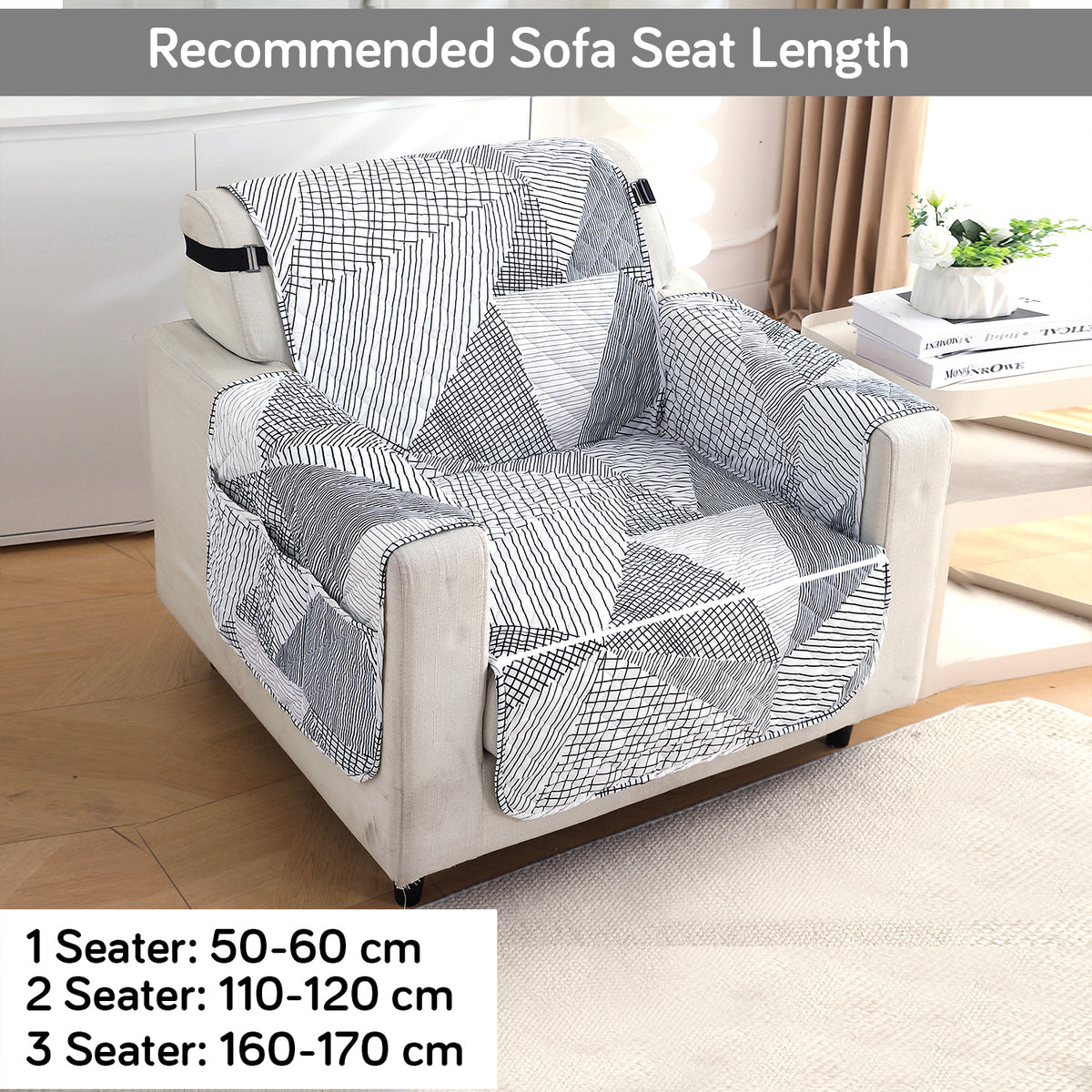 Waterproof & Quick-Dry Quilted Sofa Cover with Pockets on Armrest, Snow White Black Geometry