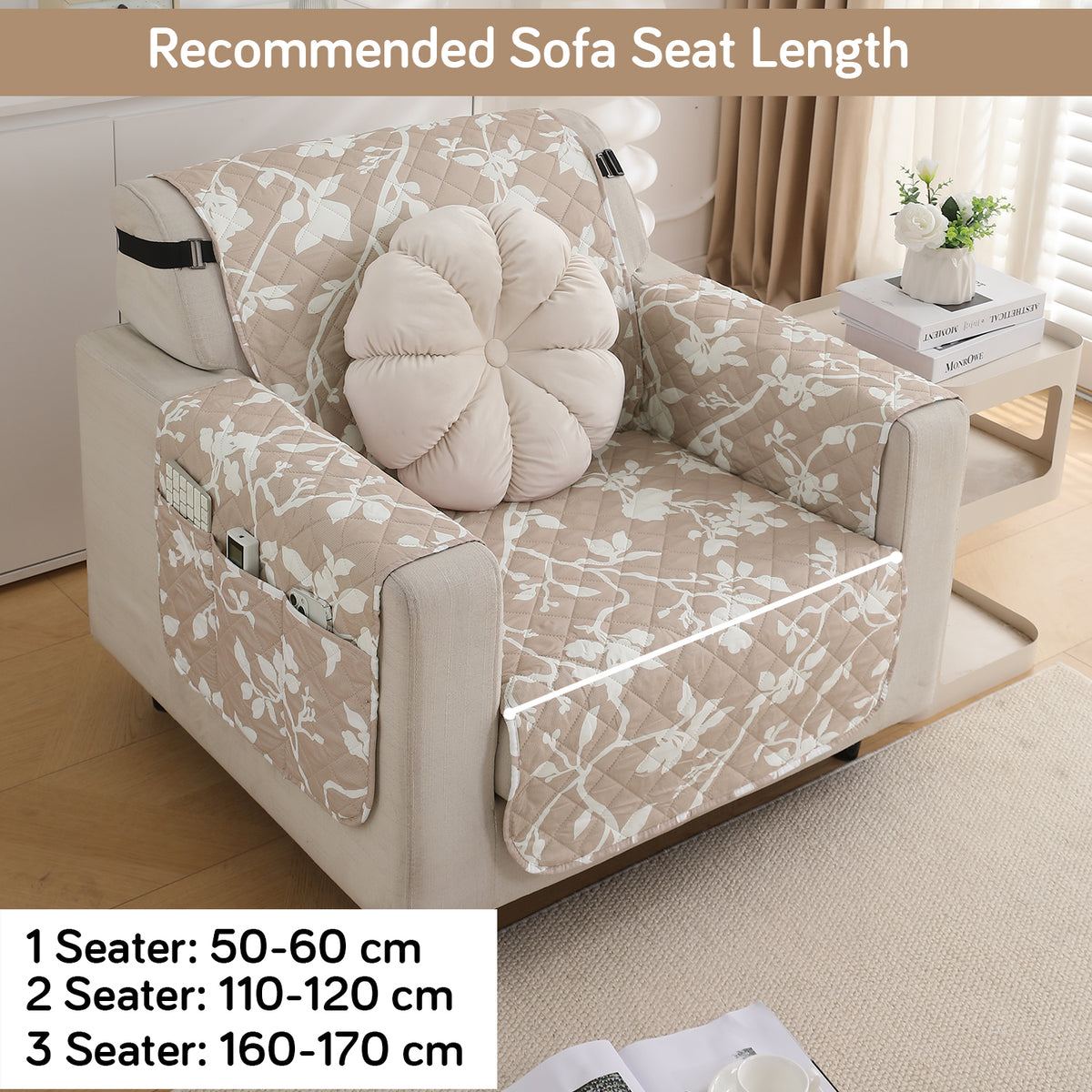 Waterproof & Quick-Dry Quilted Sofa Cover with Pockets on Armrest, Buff Brown Sillehoute Floral