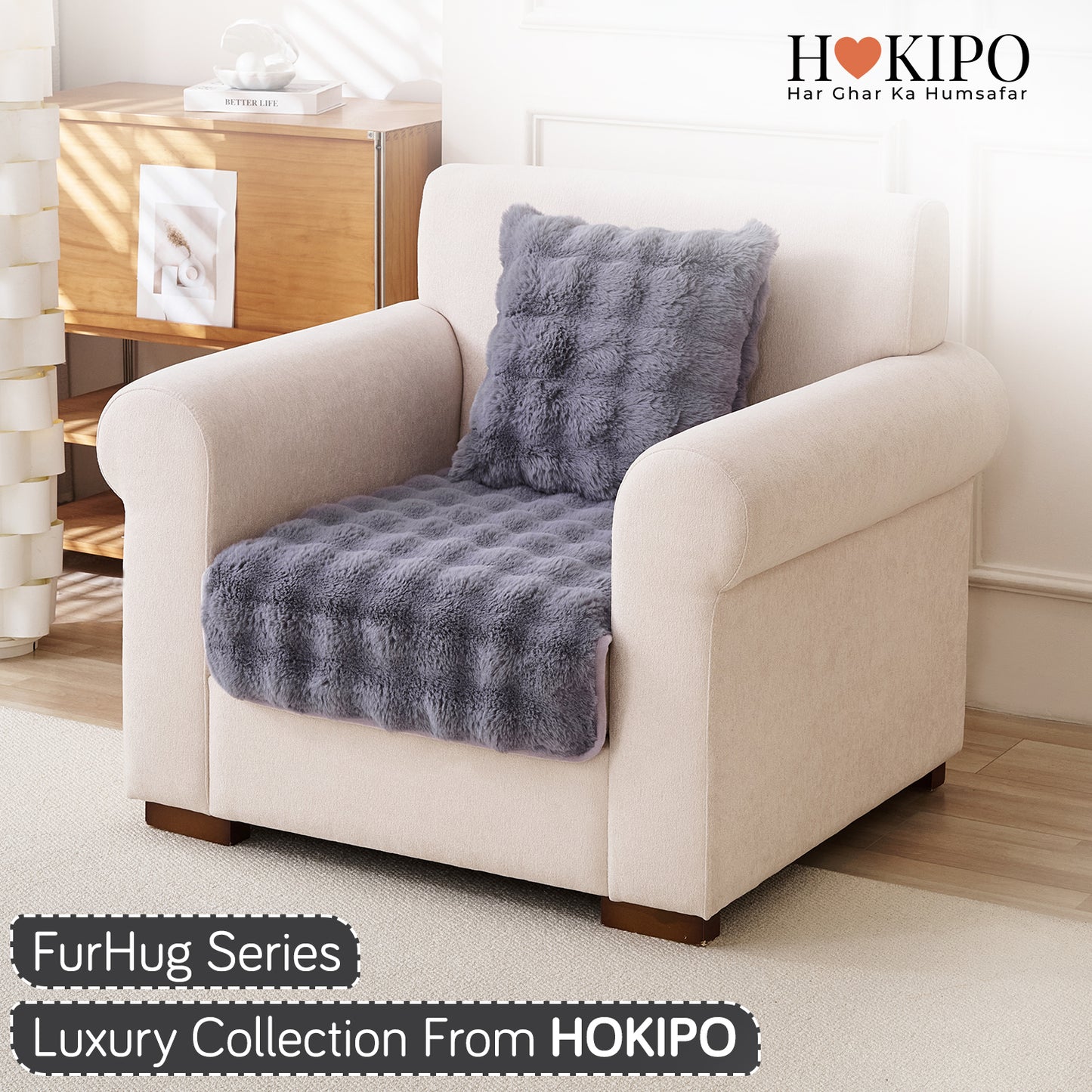 'FurHug' Premium Faux Rabbit Fur Sofa Seat Mats, Cool Grey