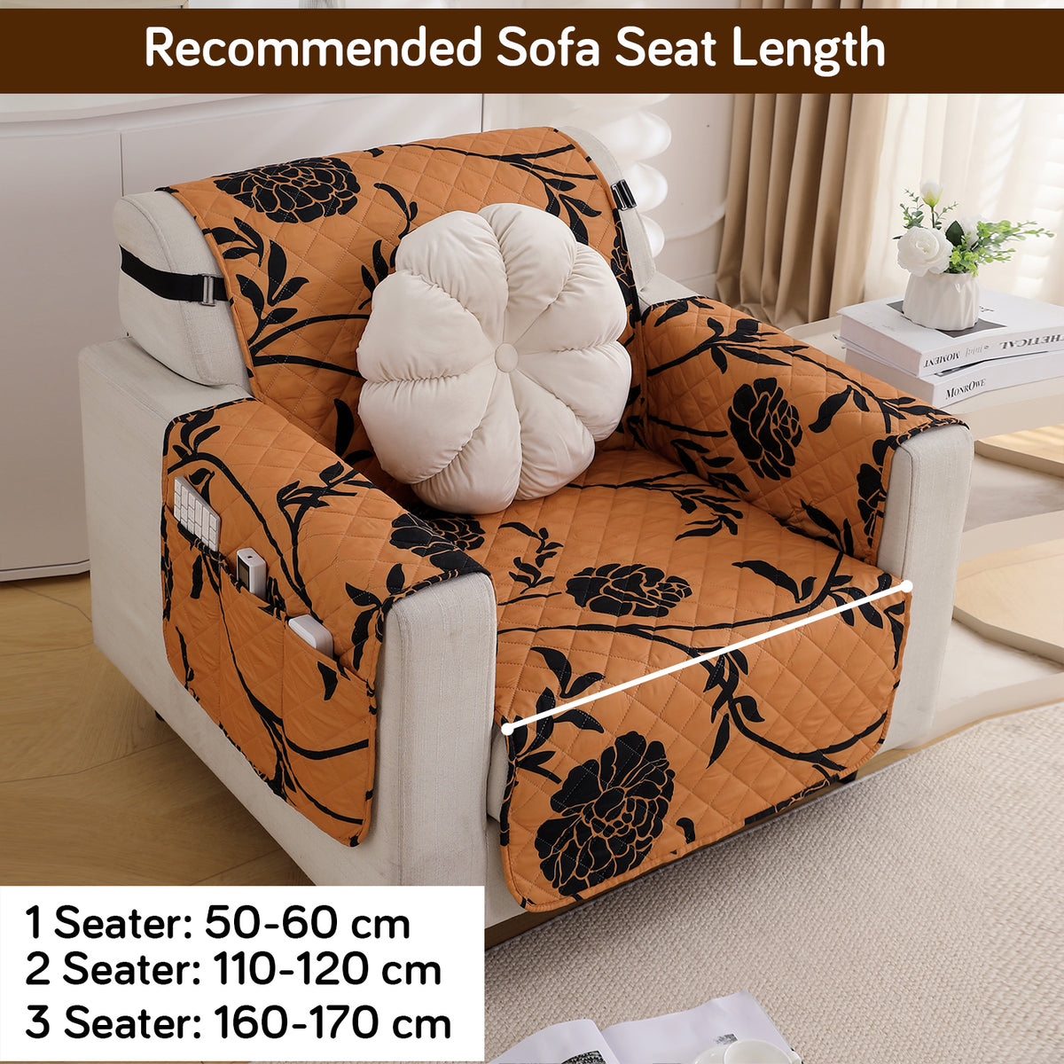 Waterproof & Quick-Dry Quilted Sofa Cover with Pockets on Armrest and Cushion Cover, Copper Brown Floral