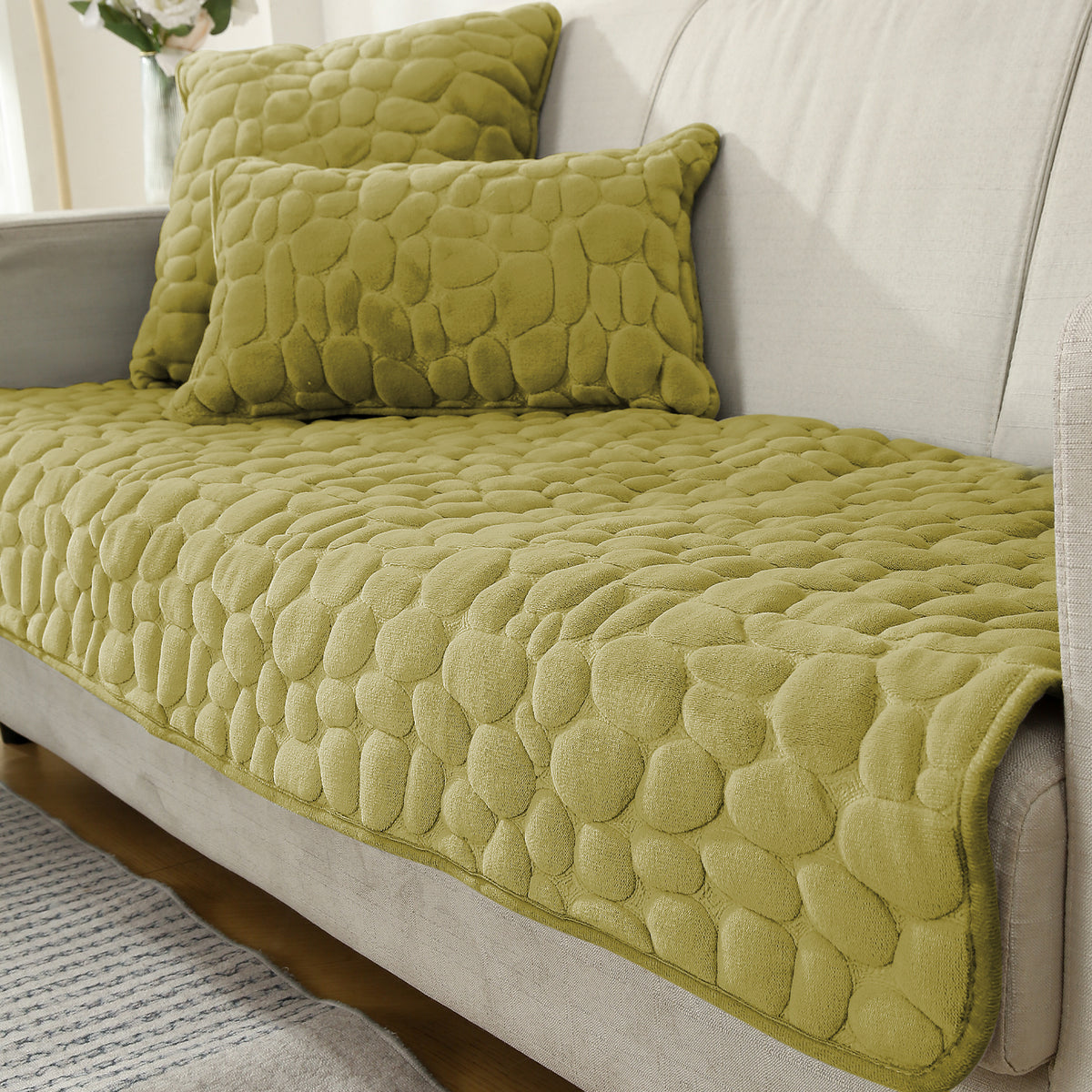 Premium Pebble Milk Velvet Anti Slip Sofa Mats, Pristine Green