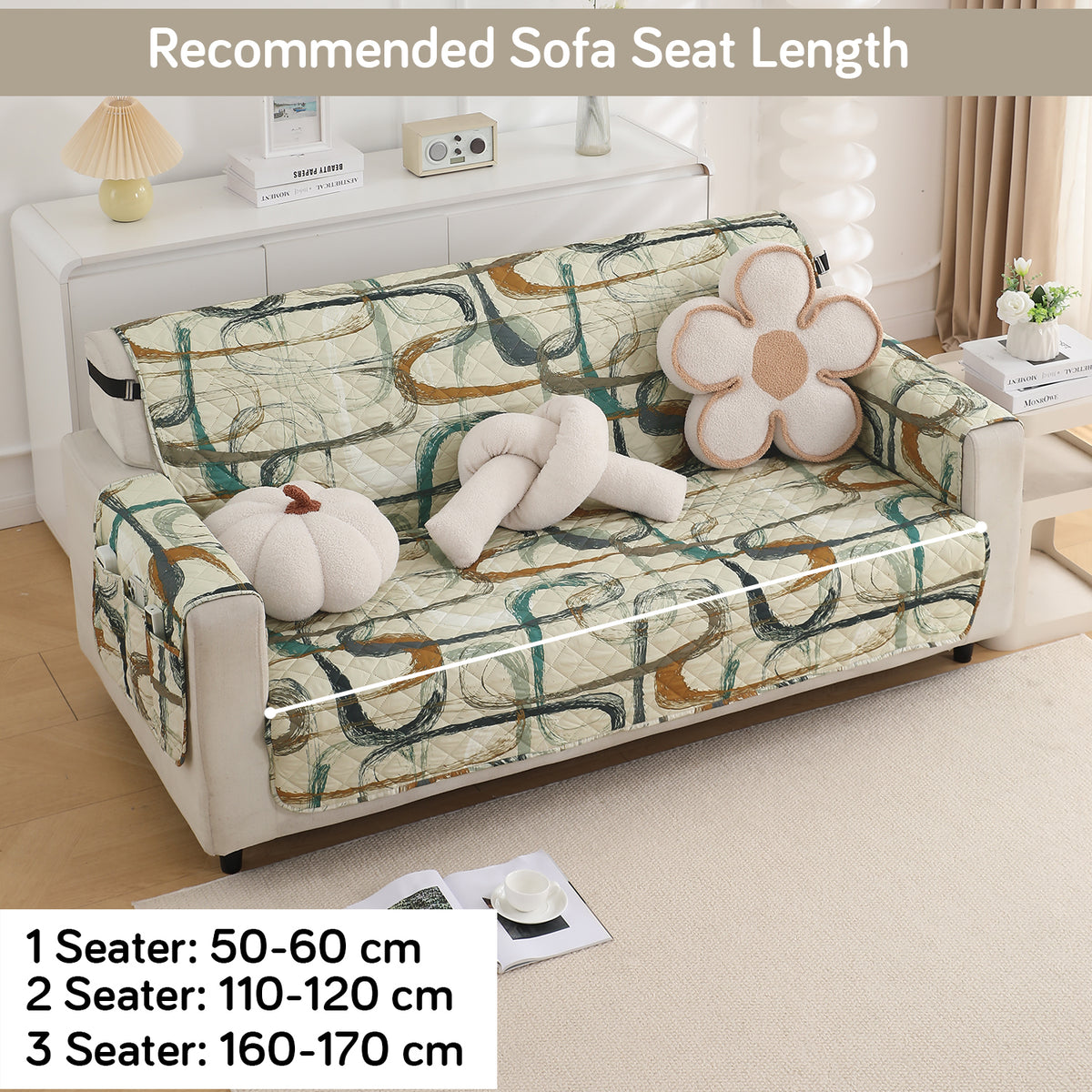 Waterproof & Quick-Dry Quilted Sofa Cover with Pockets on Armrest, Parchement Beige Abstract Art