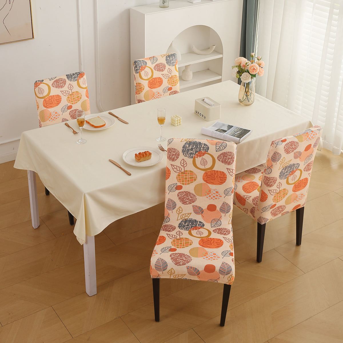 Premium Printed Velvet Dining Chair Cover Set, Coral Autumn Leaves