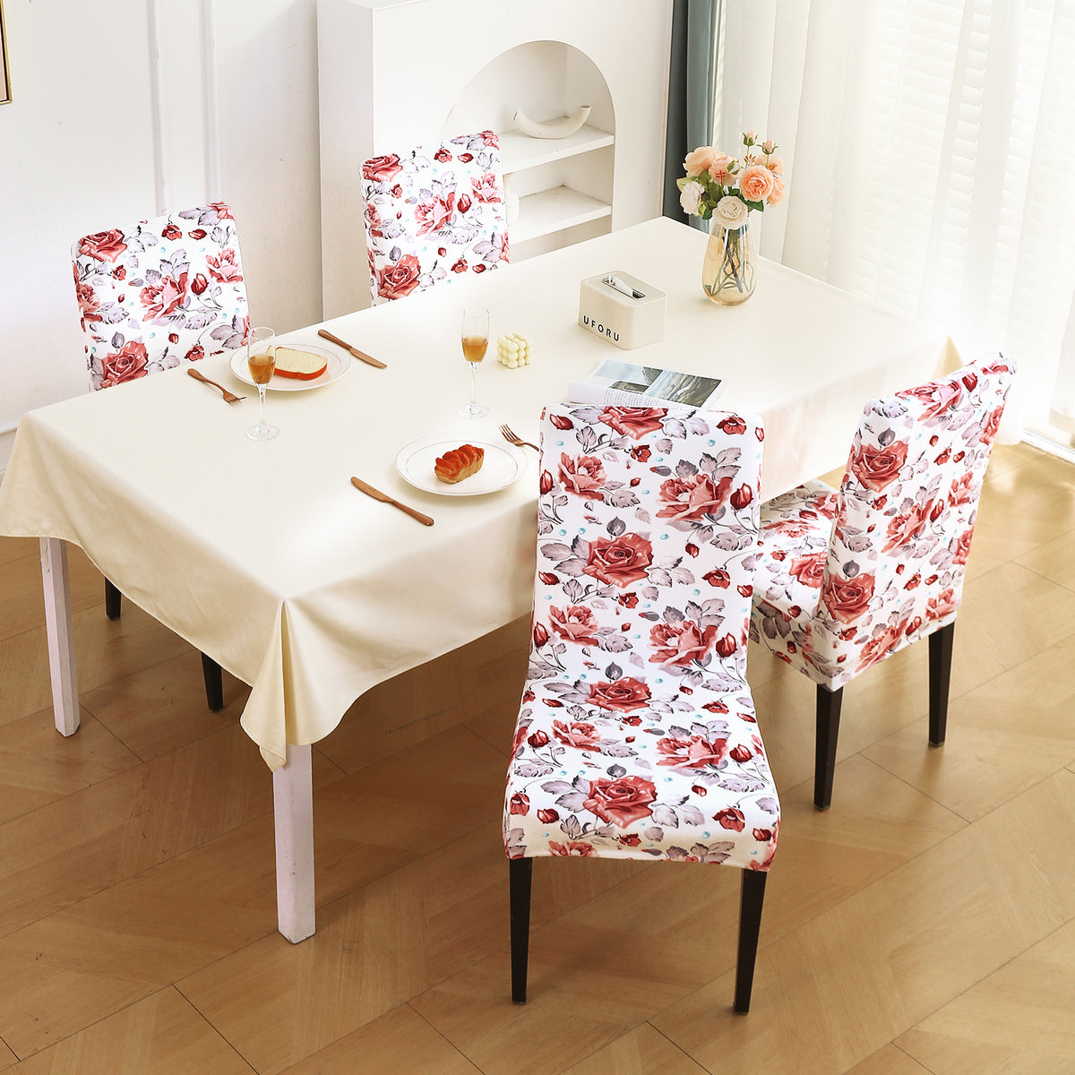 Premium Printed Velvet Dining Chair Cover Set, Red Cottage Rose