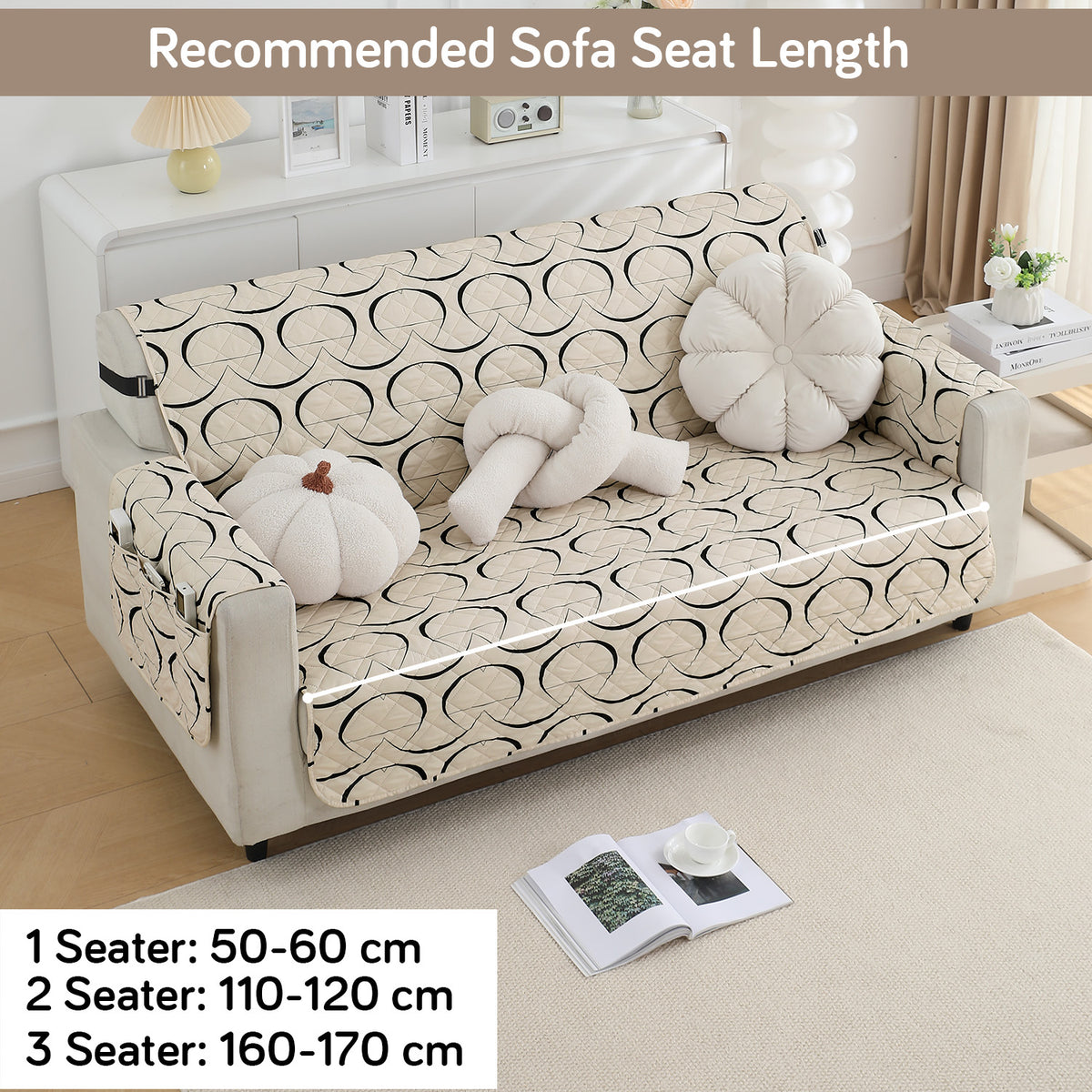 Waterproof & Quick-Dry Quilted Sofa Cover with Pockets on Armrest, Natural Beige Abstract Art