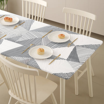 Printed Stretch Fit Water-Repellent & Anti-Slip Table Cloth Cover for 4 Seater / 6 Seater, Snow White Black Geometry