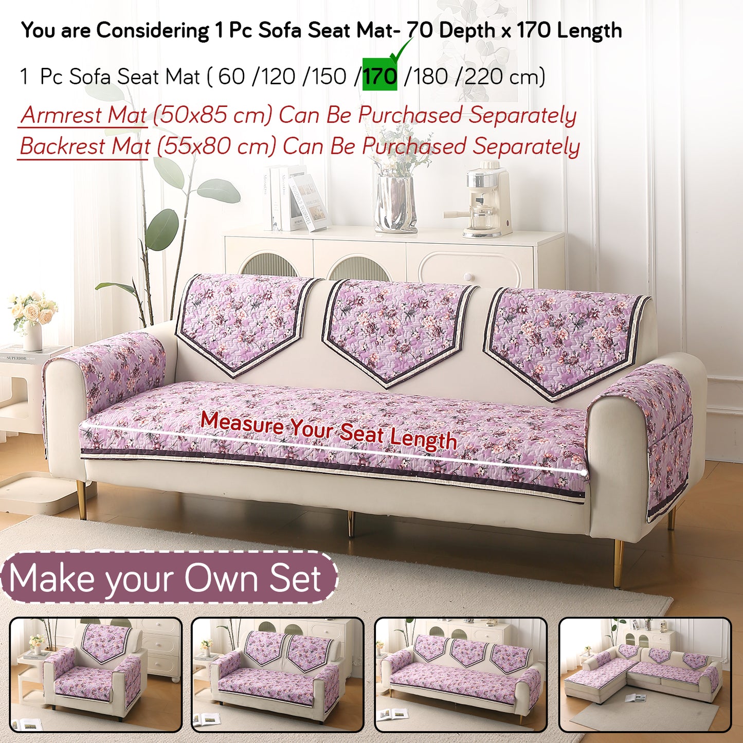 Florentina Series Premium Holland Velvet Sofa Cover Mat - Peony Lavender