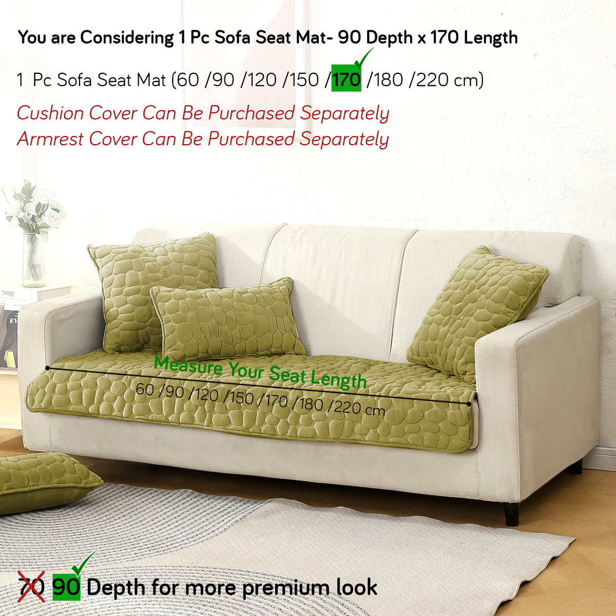Premium Pebble Milk Velvet Anti Slip Sofa Mats, Pristine Green