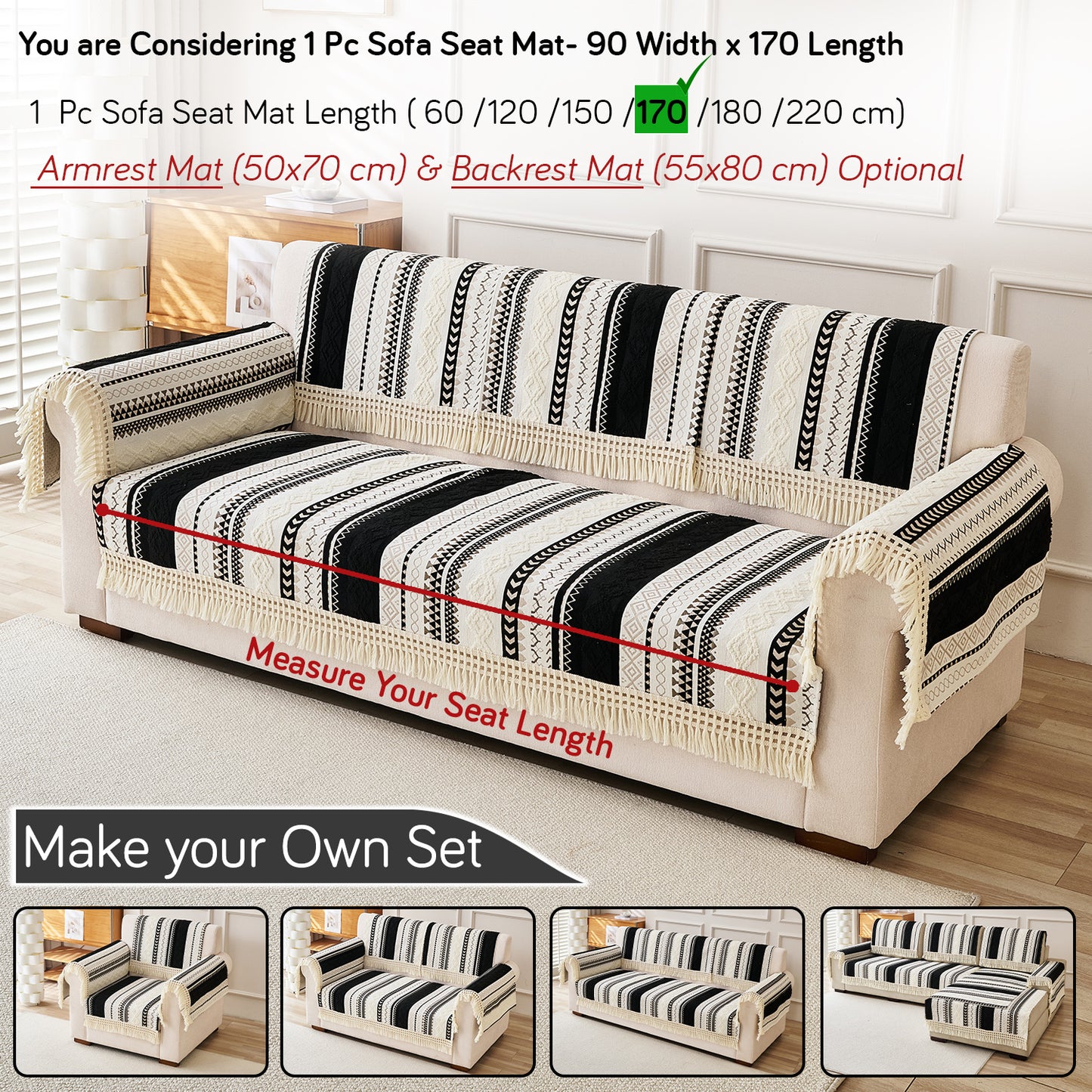 Nordic Boho Geometric Sofa Cover Mat with Tassel, 'Nordic Tassel Series'  Aurora Black