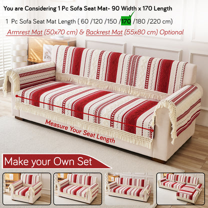 Nordic Boho Geometric Sofa Cover Mat with Tassel, 'Nordic Tassel Series'  Ruby Cream