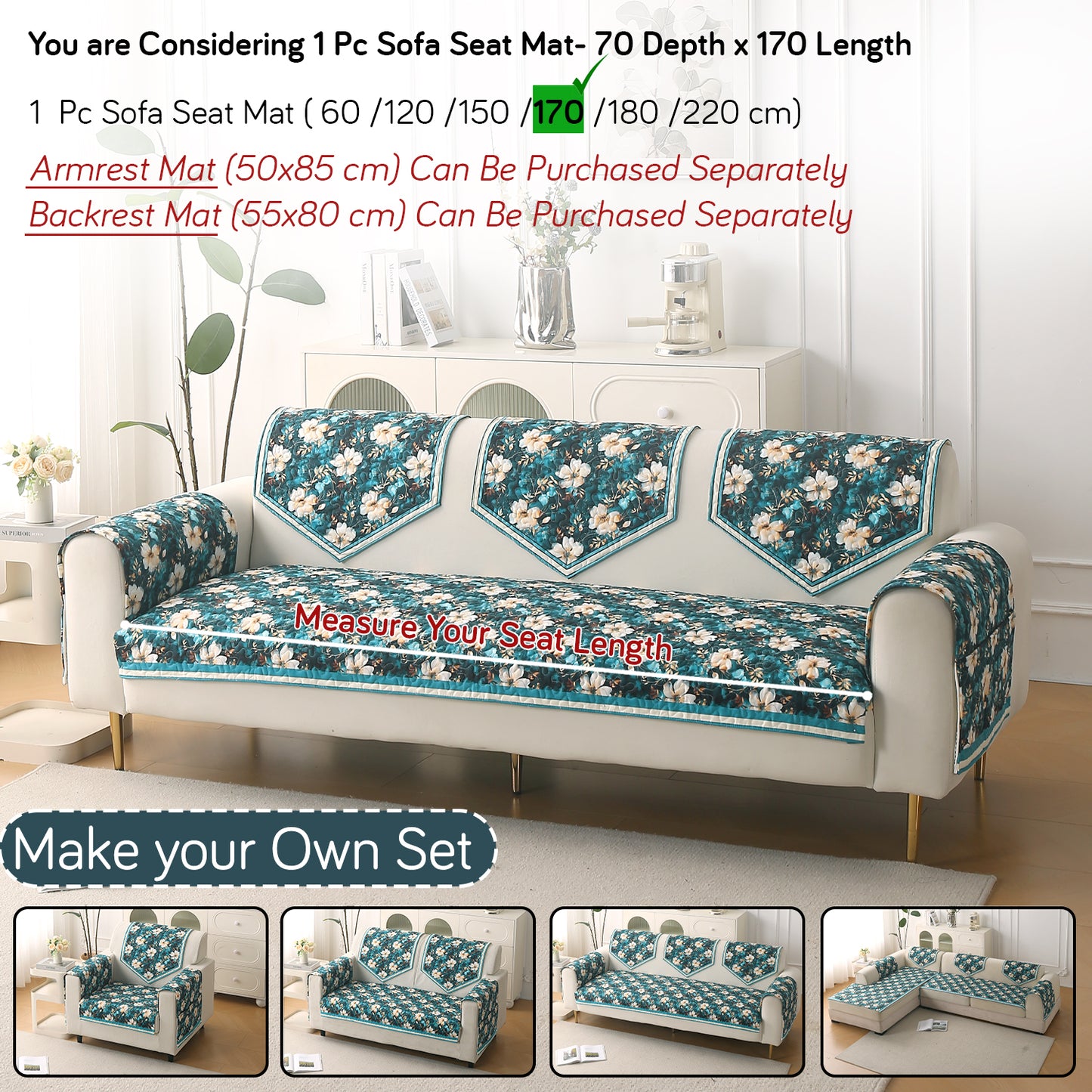 Florentina Series Premium Holland Velvet Sofa Cover Mat - Pansies Teal