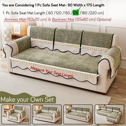 Thick Woven Weave Chenille Sofa Cover with Tassel|'Wavy Royale Series' Sage Green