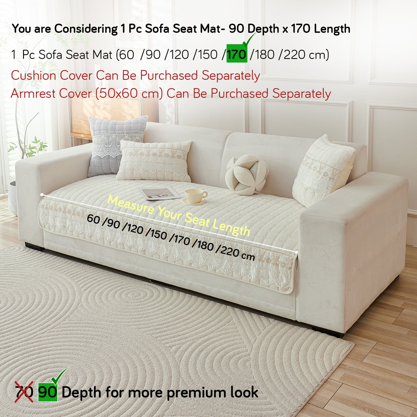 BelleLace Series Premium Imperial Milk Velvet Sofa Cover Mat with Lace Design -  Pearl White