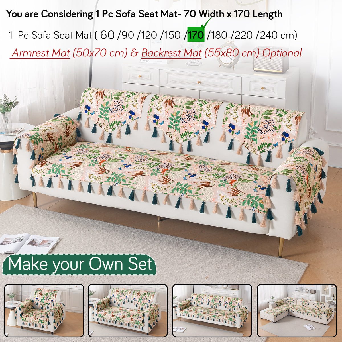 'Whispers of Nature' Series Holland Velvet Sofa Mat with Tassel, Beige Woodland Bloom