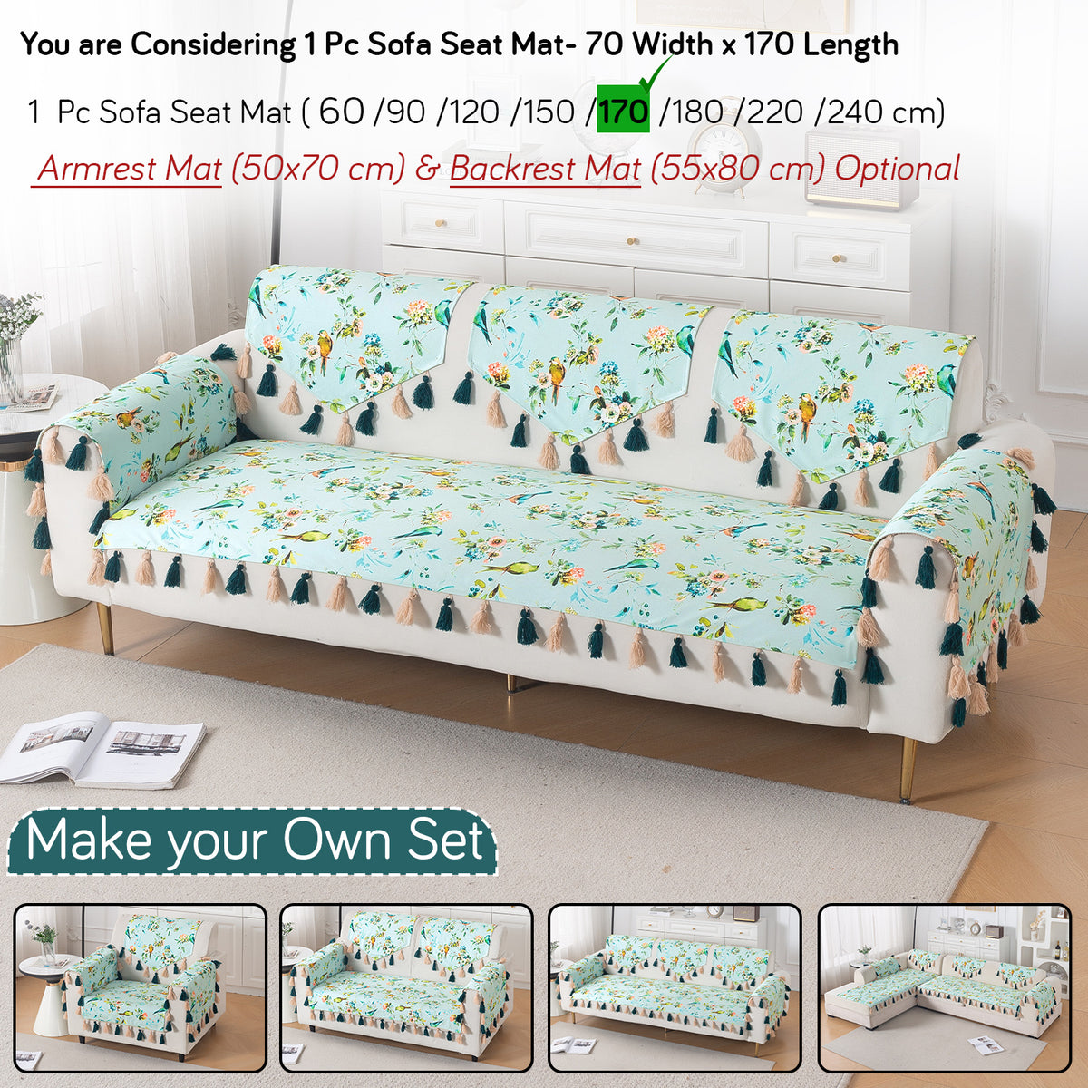 'Whispers of Nature' Series Holland Velvet Sofa Mat with Tassel, Mint Birdsong Blossom
