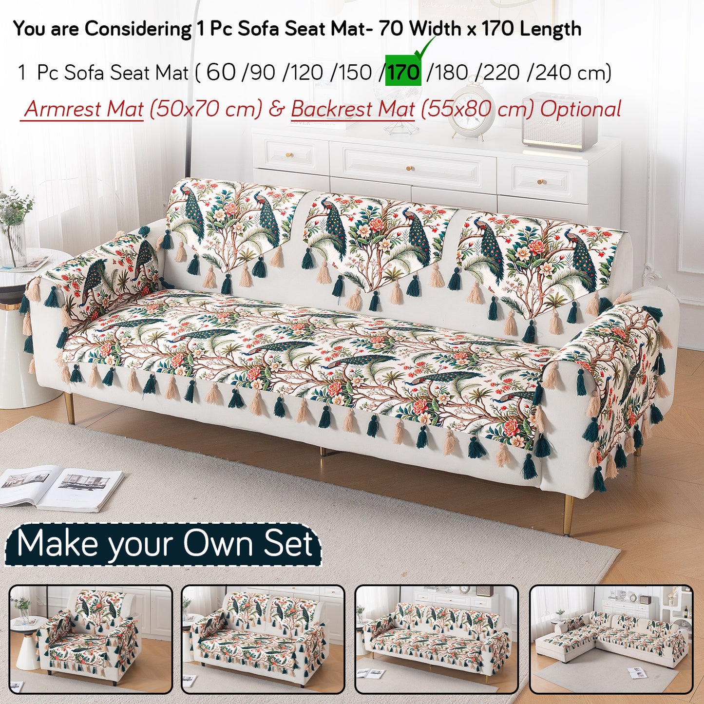 'Whispers of Nature' Series Holland Velvet Sofa Mat with Tassel, Multicolor Tropical Peacock
