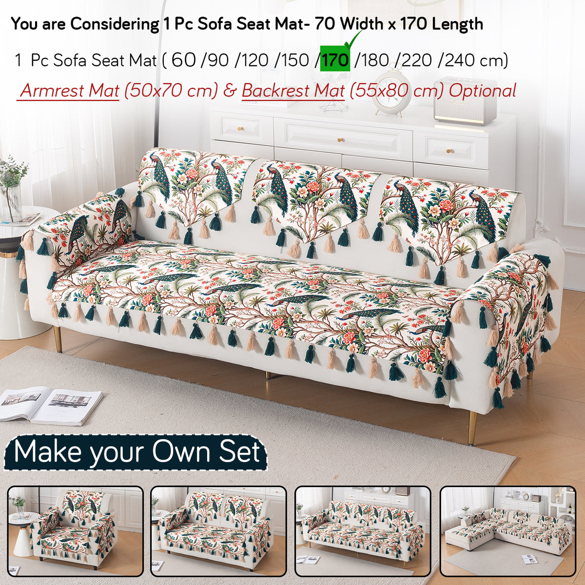 'Whispers of Nature' Series Holland Velvet Sofa Mat with Tassel, Multicolor Tropical Peacock