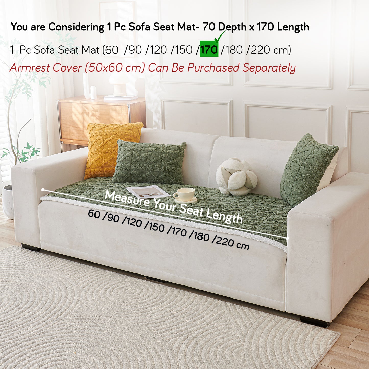 'Italian Caelora' Luxury Jacquard Plush Sofa Cover Mat and Anti-Slip Armrest Covers - Sage Green
