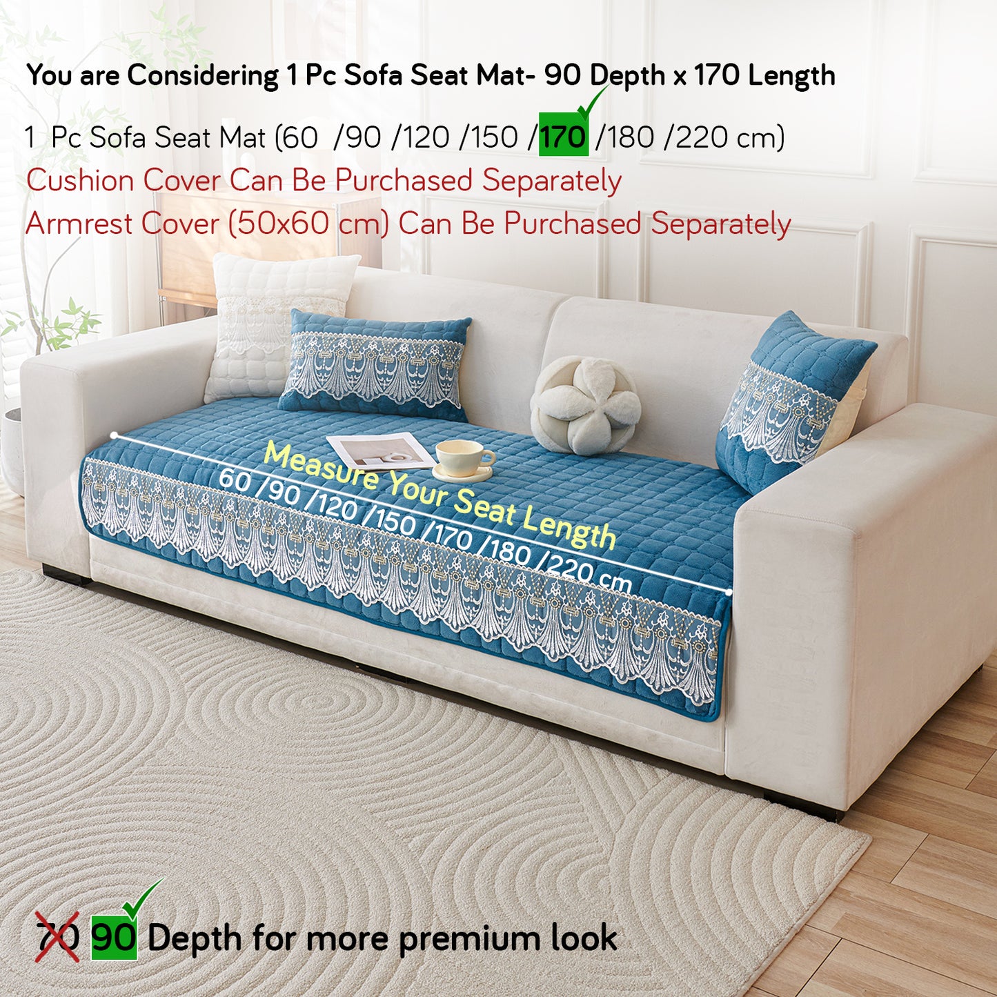 BelleLace Series Imperial Milk Velvet Sofa Cover Mat with Lace Design - Celdaon Blue