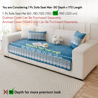BelleLace Series Imperial Milk Velvet Sofa Cover Mat with Lace Design - Celdaon Blue