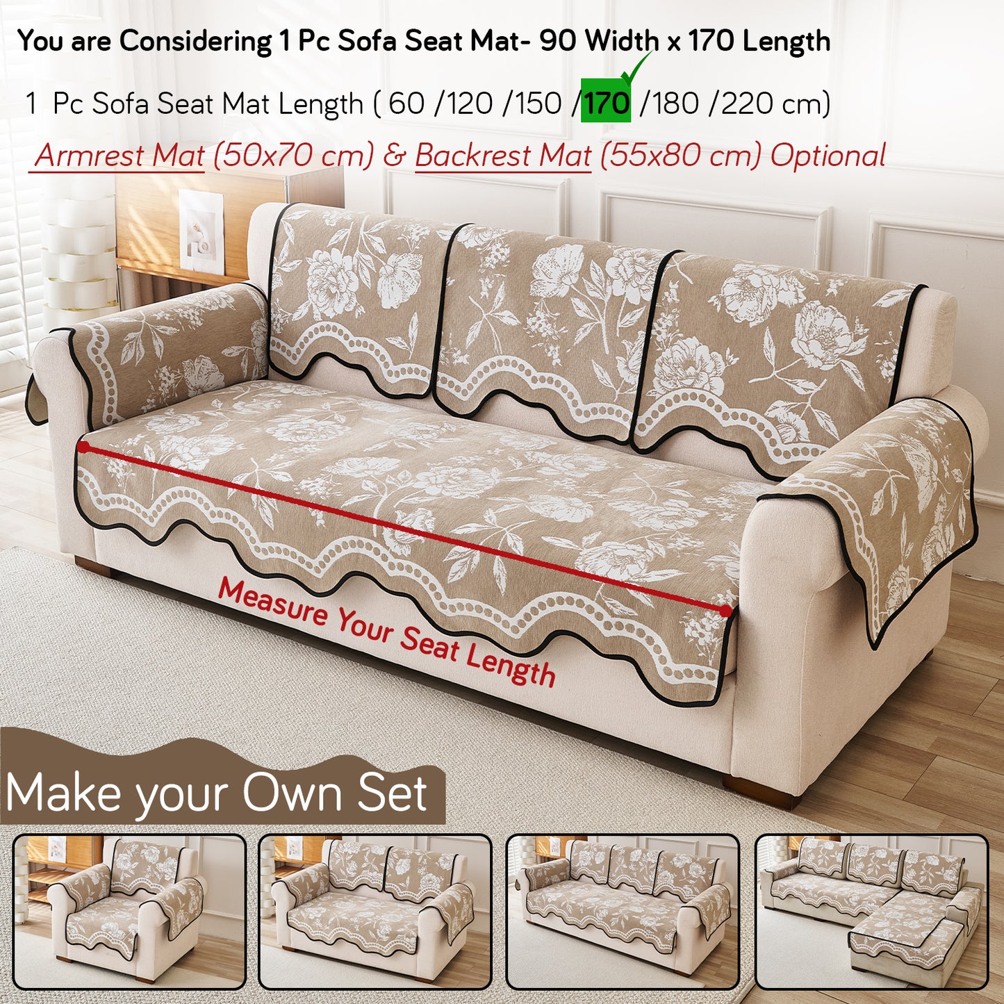 Chenille Sofa Cover Mat with Curvy Edges, 'Retro Curves Series' Sofa Mat, Sand Beige