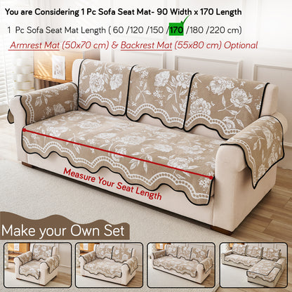 Chenille Sofa Cover Mat with Curvy Edges, 'Retro Curves Series' Sofa Mat, Sand Beige