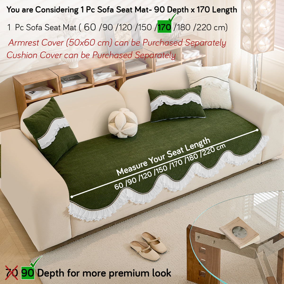 French Classic Frill Wavy Sofa Cover Mat, Dark Olive Green