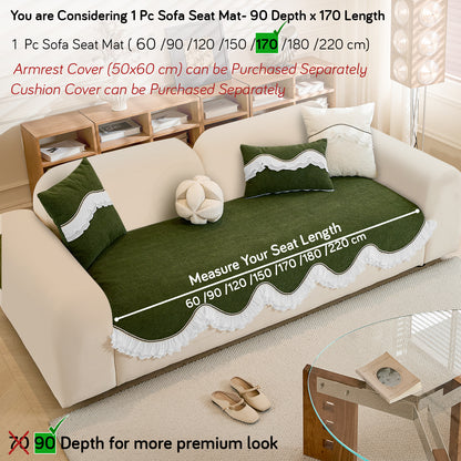 French Classic Frill Wavy Sofa Cover Mat, Dark Olive Green