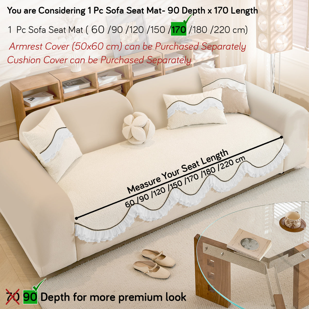 French Classic Frill Wavy Sofa Cover Mat, Snow White Ivory