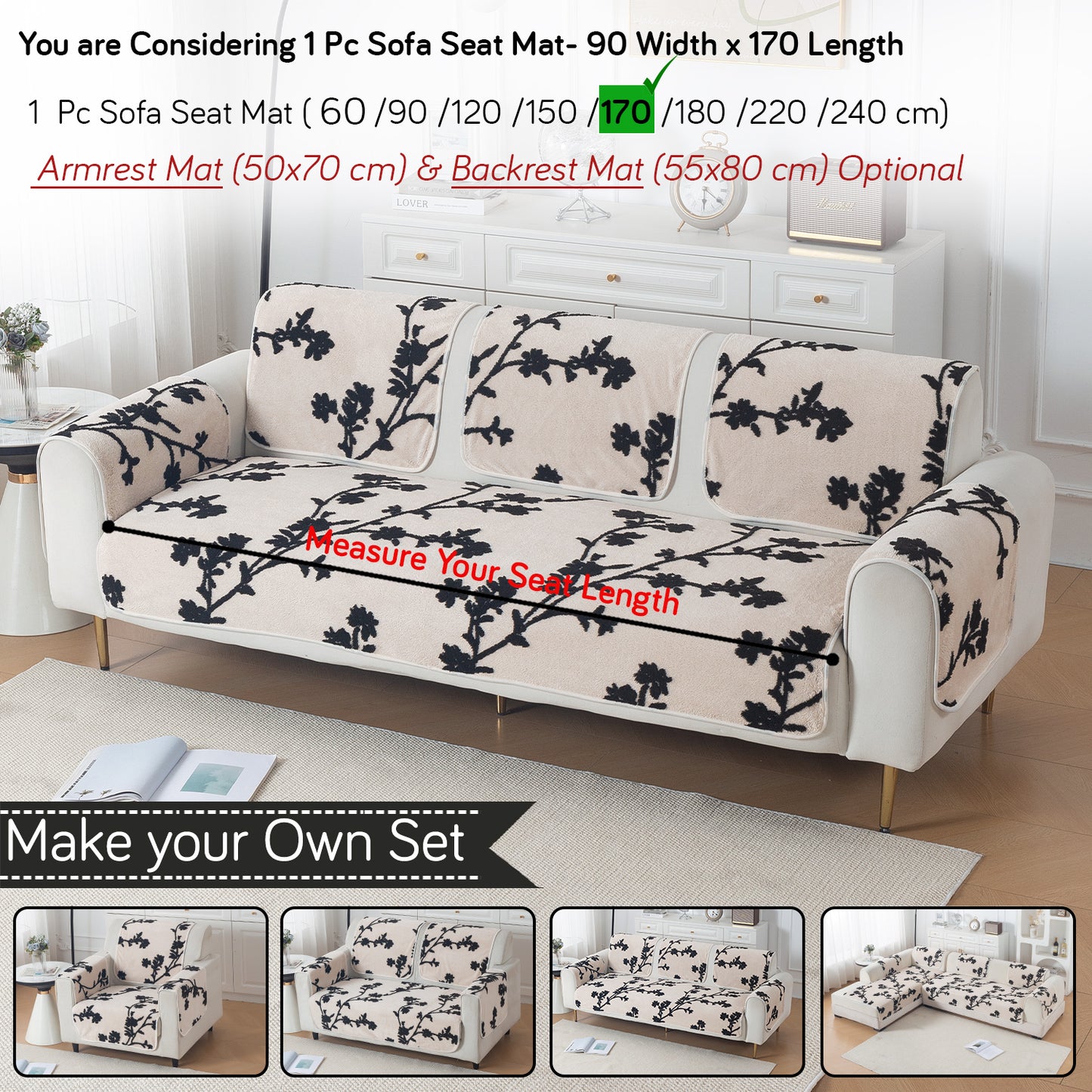 Luxury Plush Sherpa Anti-Slip Sofa Cover Mat, 'Noirea Series'| Botanical Vine