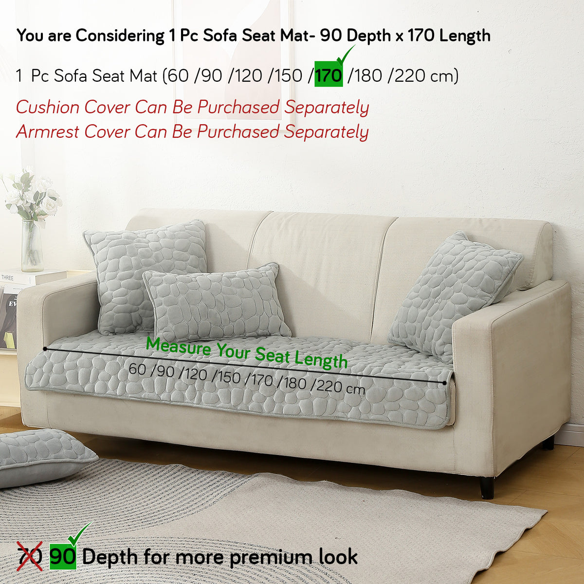 Premium Pebble Milk Velvet Anti Slip Sofa Mats, Moon Grey