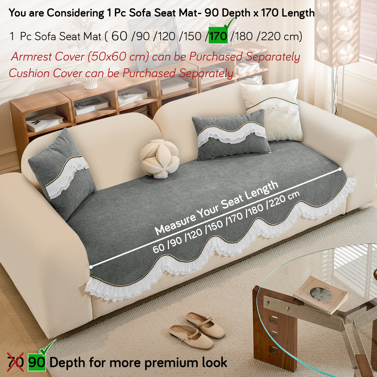 French Classic Frill Wavy Sofa Cover Mat, Moonstone Grey
