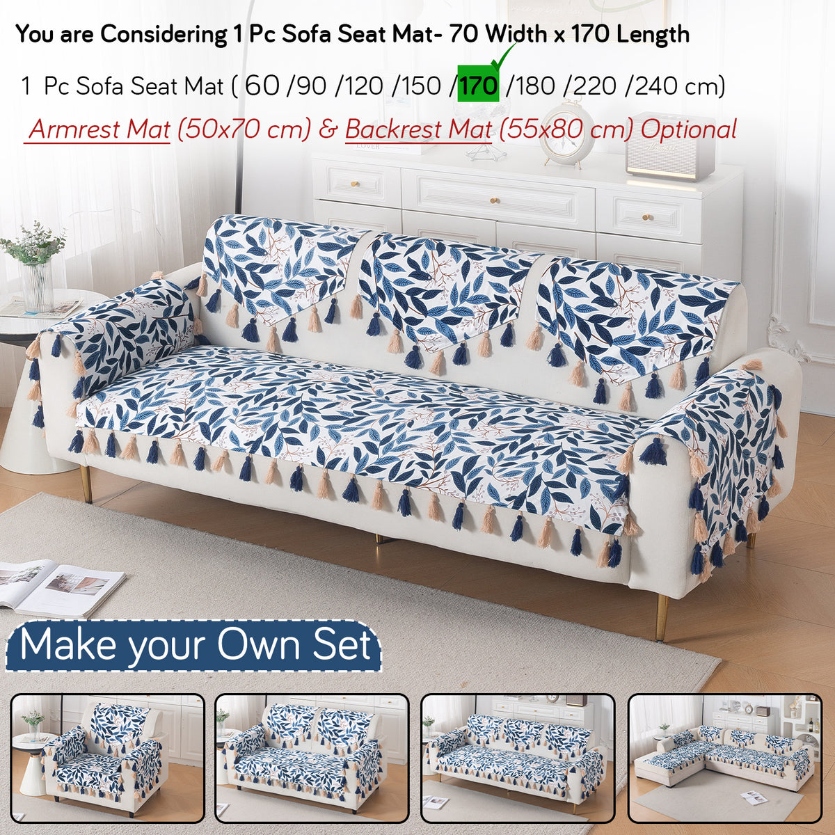 'Whispers of Nature' Series Holland Velvet Sofa Mat with Tassel, Indigo Foliage