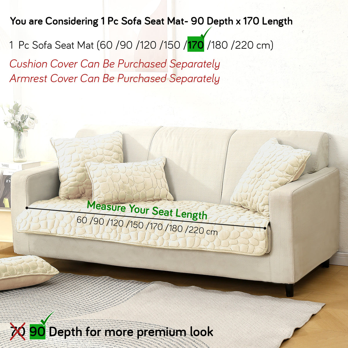 Premium Pebble Milk Velvet Anti Slip Sofa Mats, Bliss White
