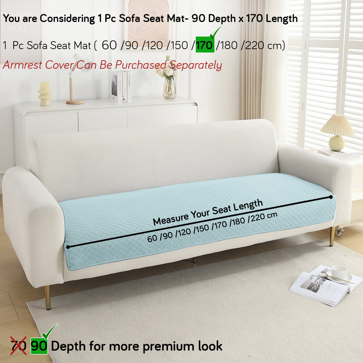 Polyester Quilted Sofa Cover Mats, Light Sky Blue