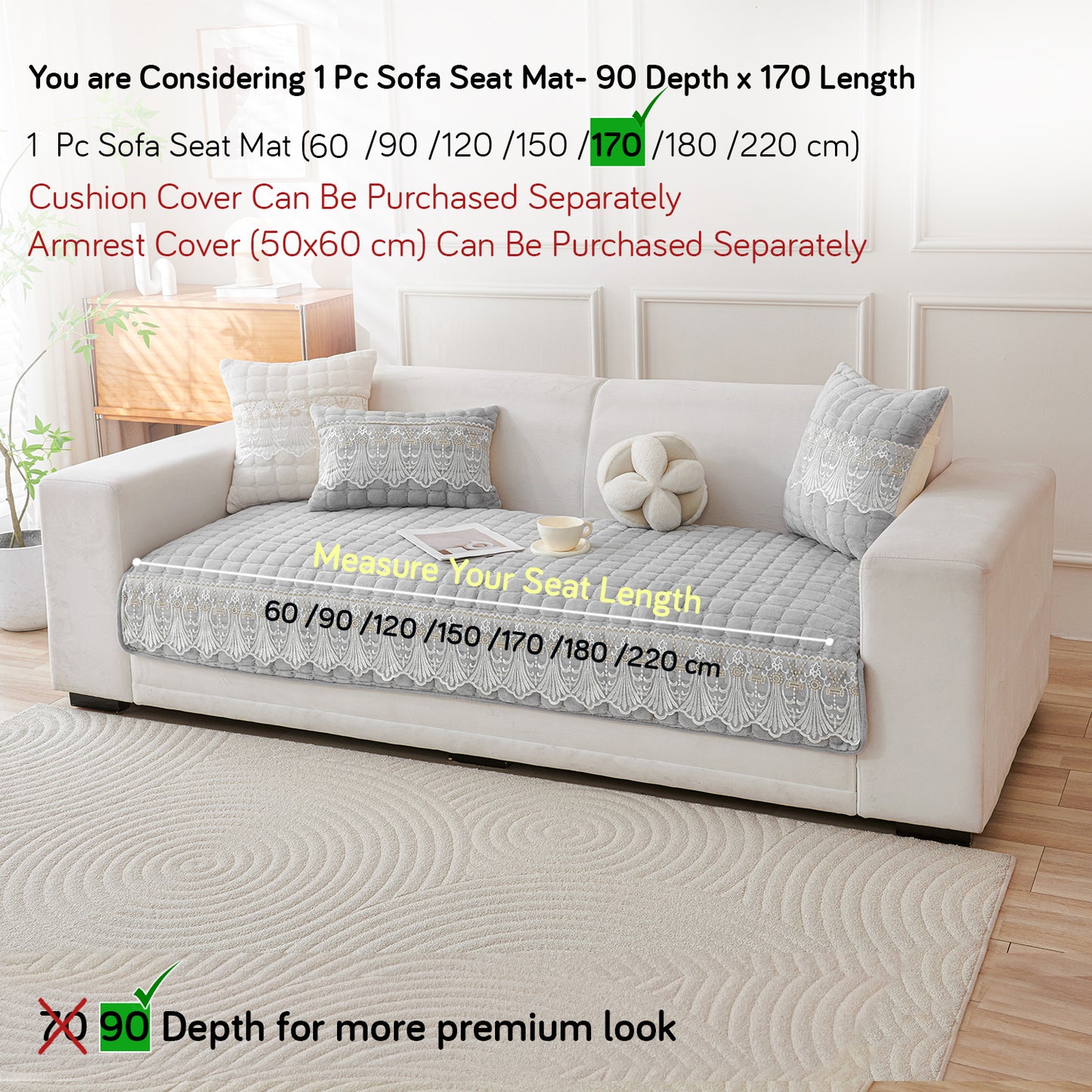 BelleLace Series Imperial Milk Velvet Sofa Cover Mat with Lace Design - Cloud Grey
