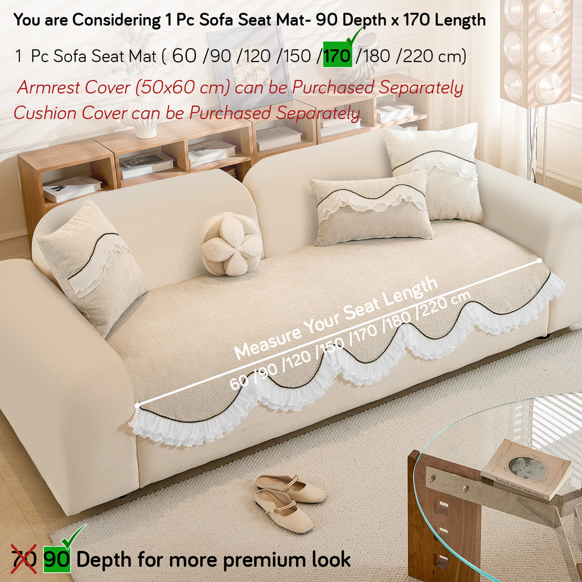 French Classic Frill Wavy Sofa Cover Mat, Champagne Beige
