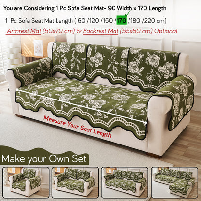 Chenille Sofa Cover Mat with Curvy Edges, 'Retro Curves Series' Sofa Mat, Olive Green