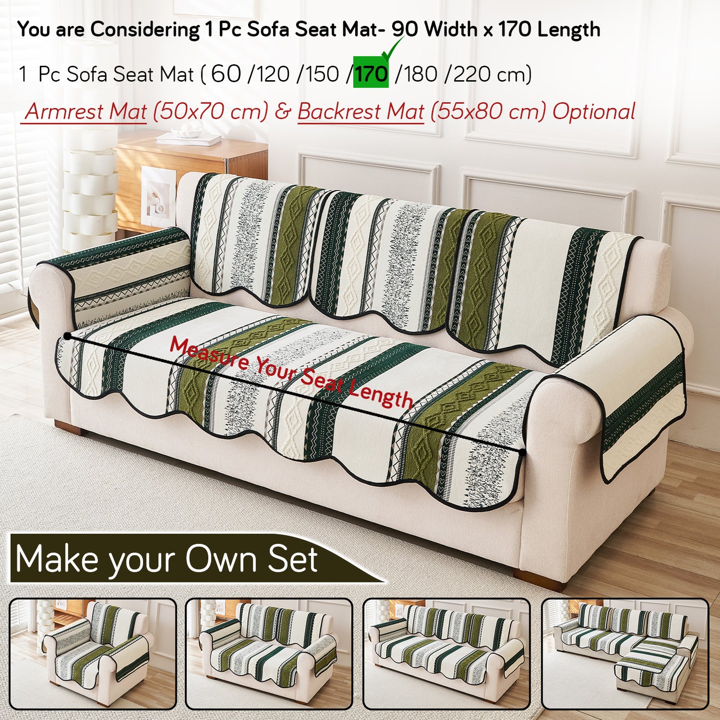 HOKIPO Boho Geometry Sofa Cover Mat|'Valenca Wavy Luxe Series' Moss Green