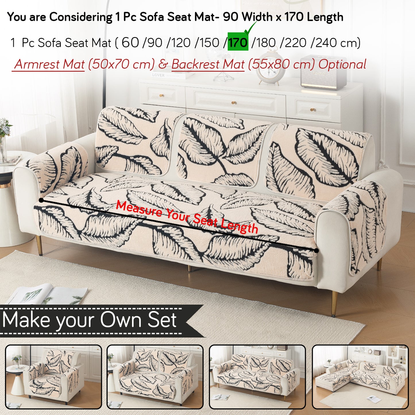 Luxury Plush Sherpa Anti-Slip Sofa Cover Mat, 'Noirea Series'| Botanical Leaf