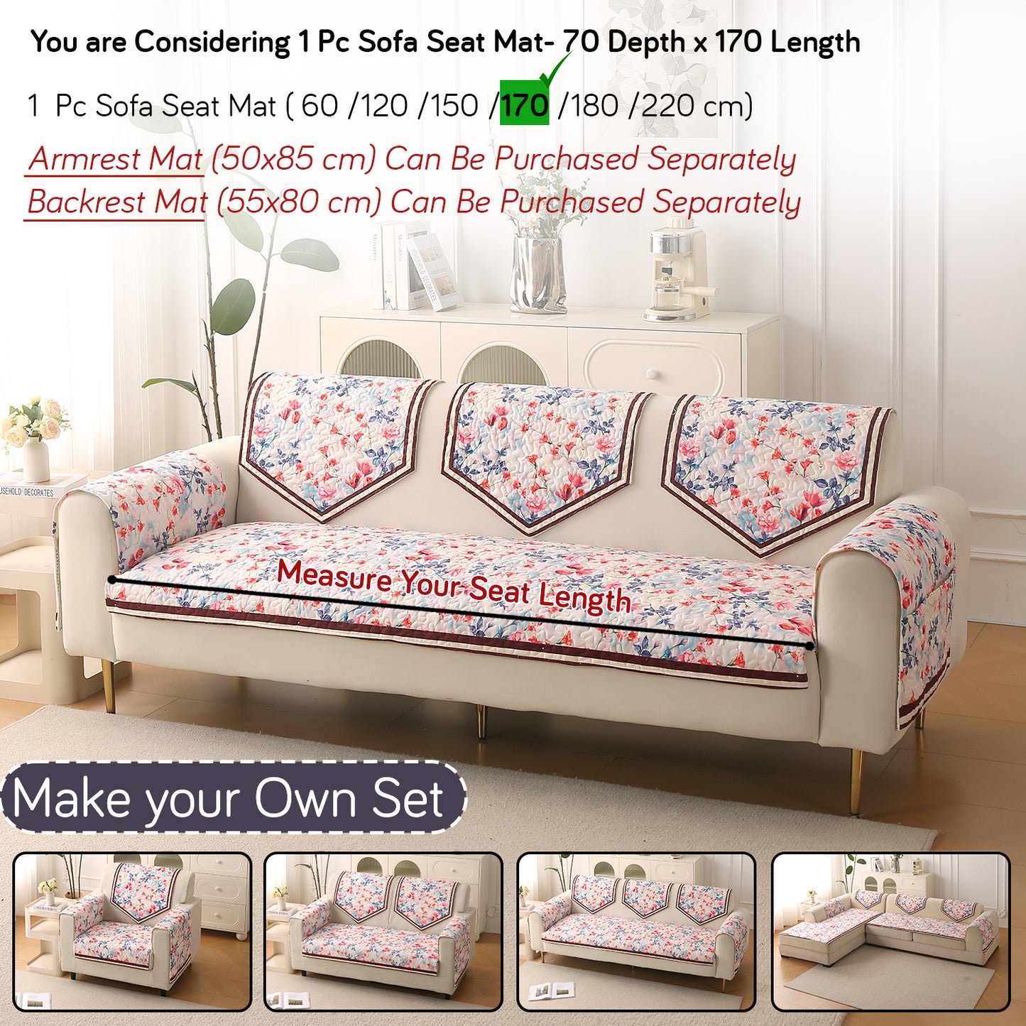 Florentina Series Premium Holland Velvet Sofa Cover Mat - Scarlet Rose Ivory