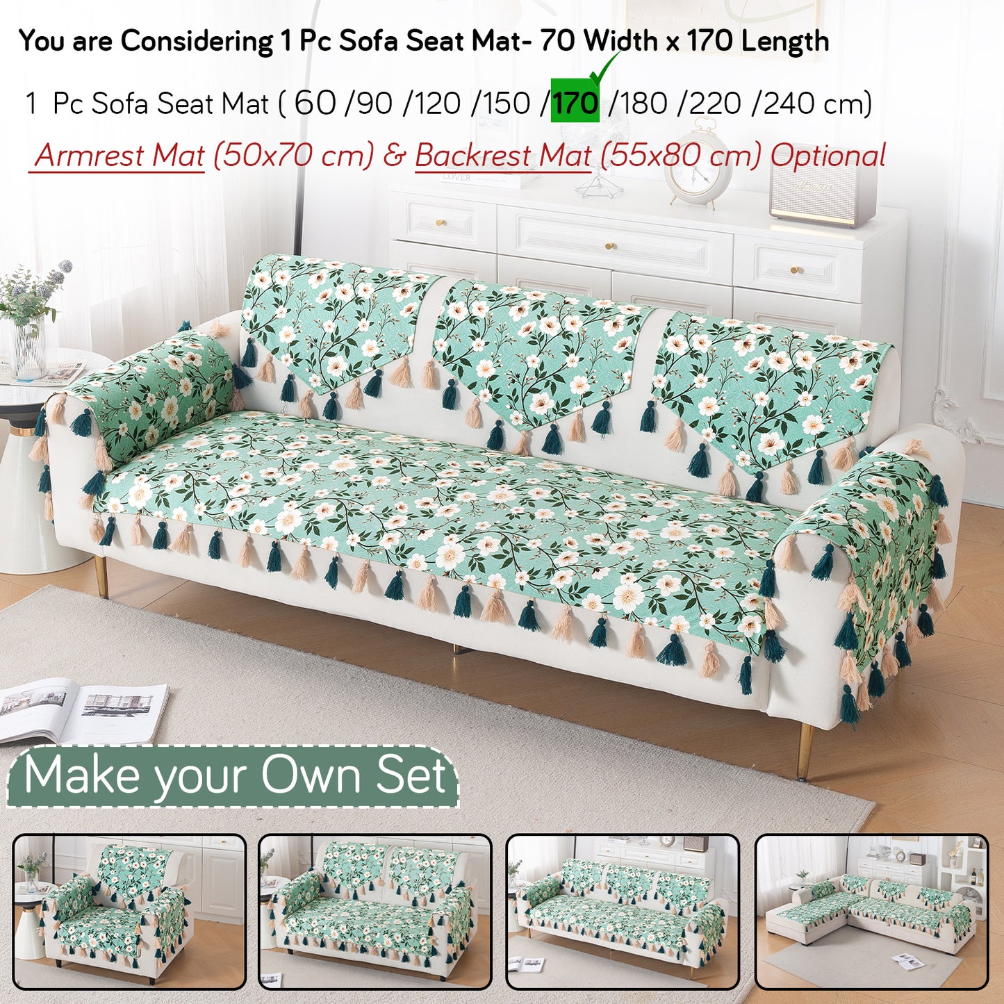 'Whispers of Nature' Series Holland Velvet Sofa Mat with Tassel, Sage Floral Vine