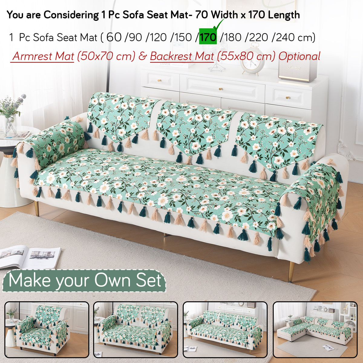 'Whispers of Nature' Series Holland Velvet Sofa Mat with Tassel, Sage Floral Vine