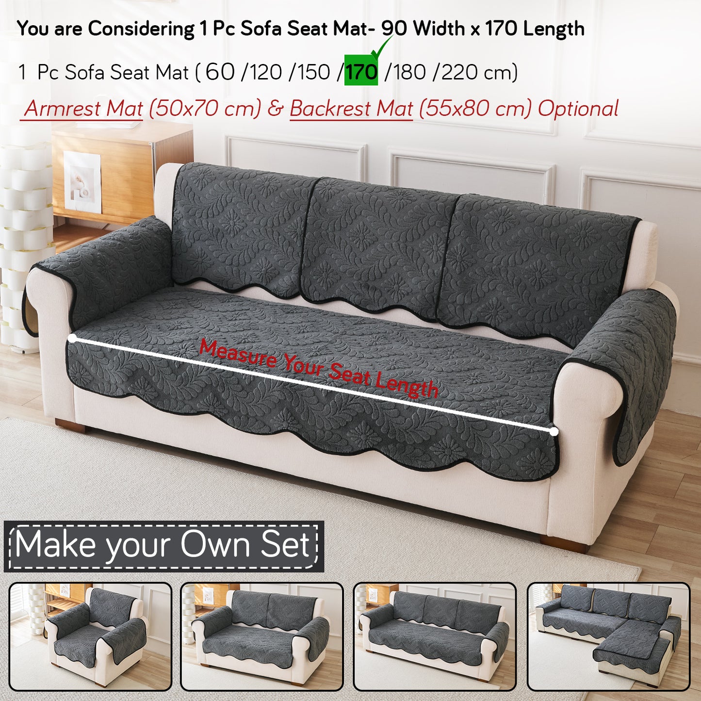 Embossed Floral Jacquard Anti-Slip Sofa Cover Mat, 'Wavy Petal Crest Series' Charcoal Grey