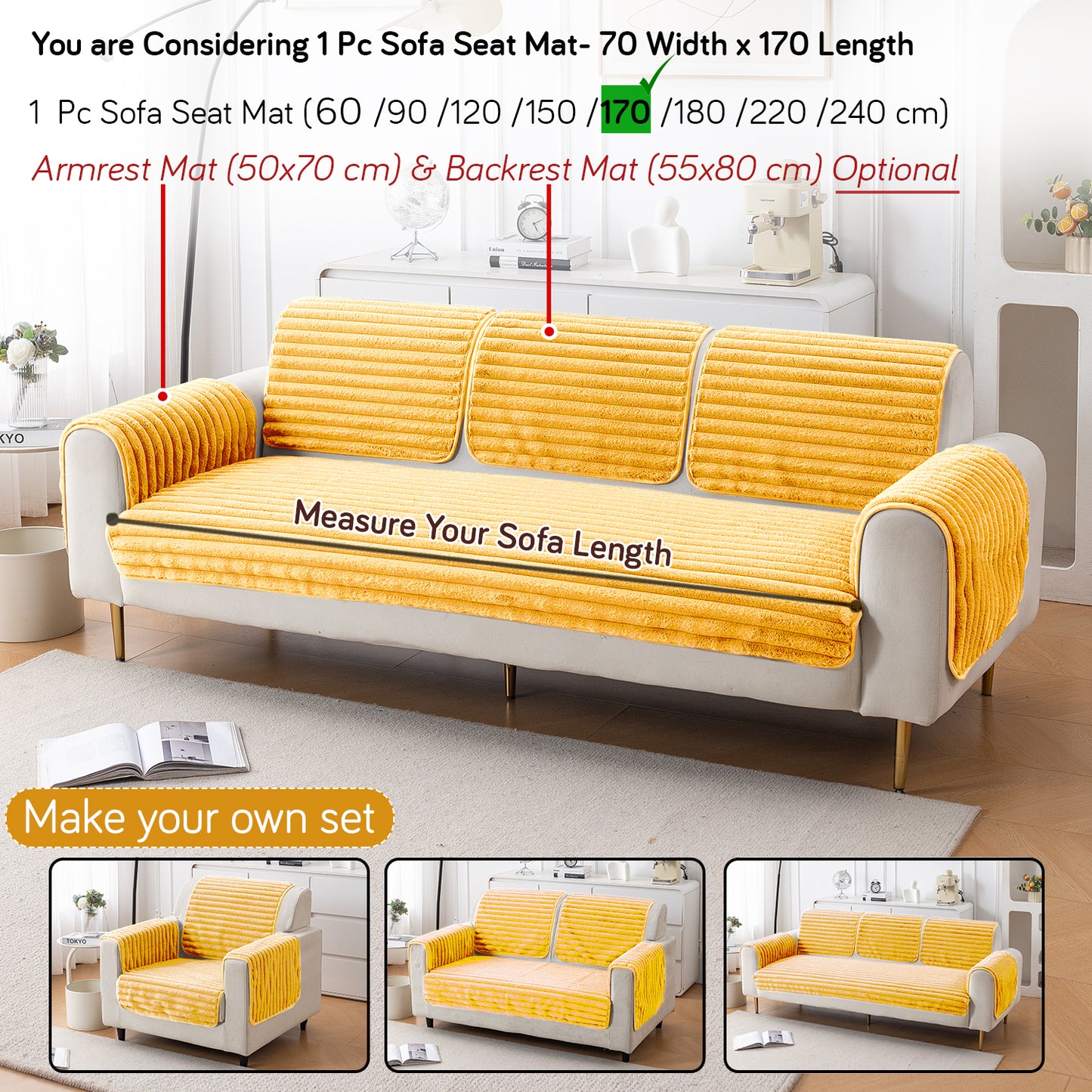 Faux Rabbit Fur Plush Anti-Slip Sofa Mat |Snuggle Fur Mustard Yellow