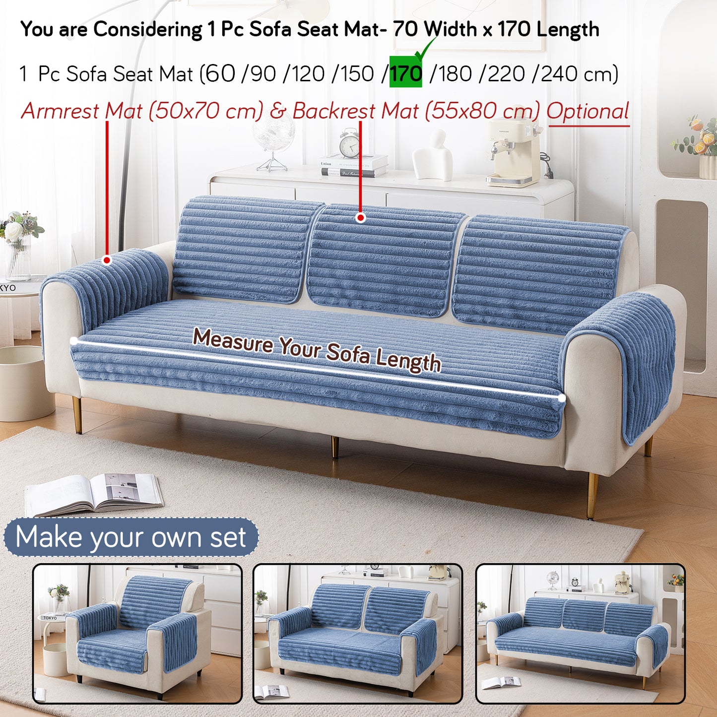 Faux Rabbit Fur Plush Anti-Slip Sofa Mat |Snuggle Fur Denim Blue