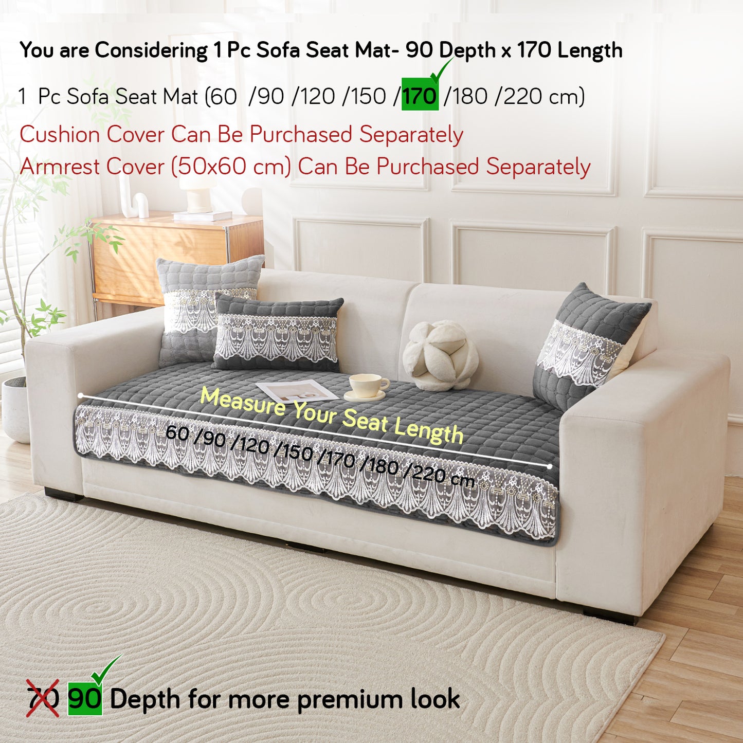 BelleLace Series Imperial Milk Velvet Sofa Cover Mat with Lace Design - Porpoise Grey