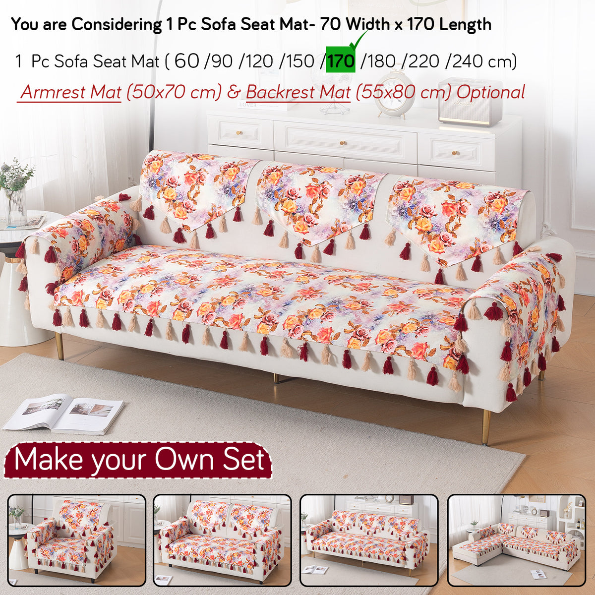 'Whispers of Nature' Series Holland Velvet Sofa Mat with Tassel, Vintage Rose Bloom