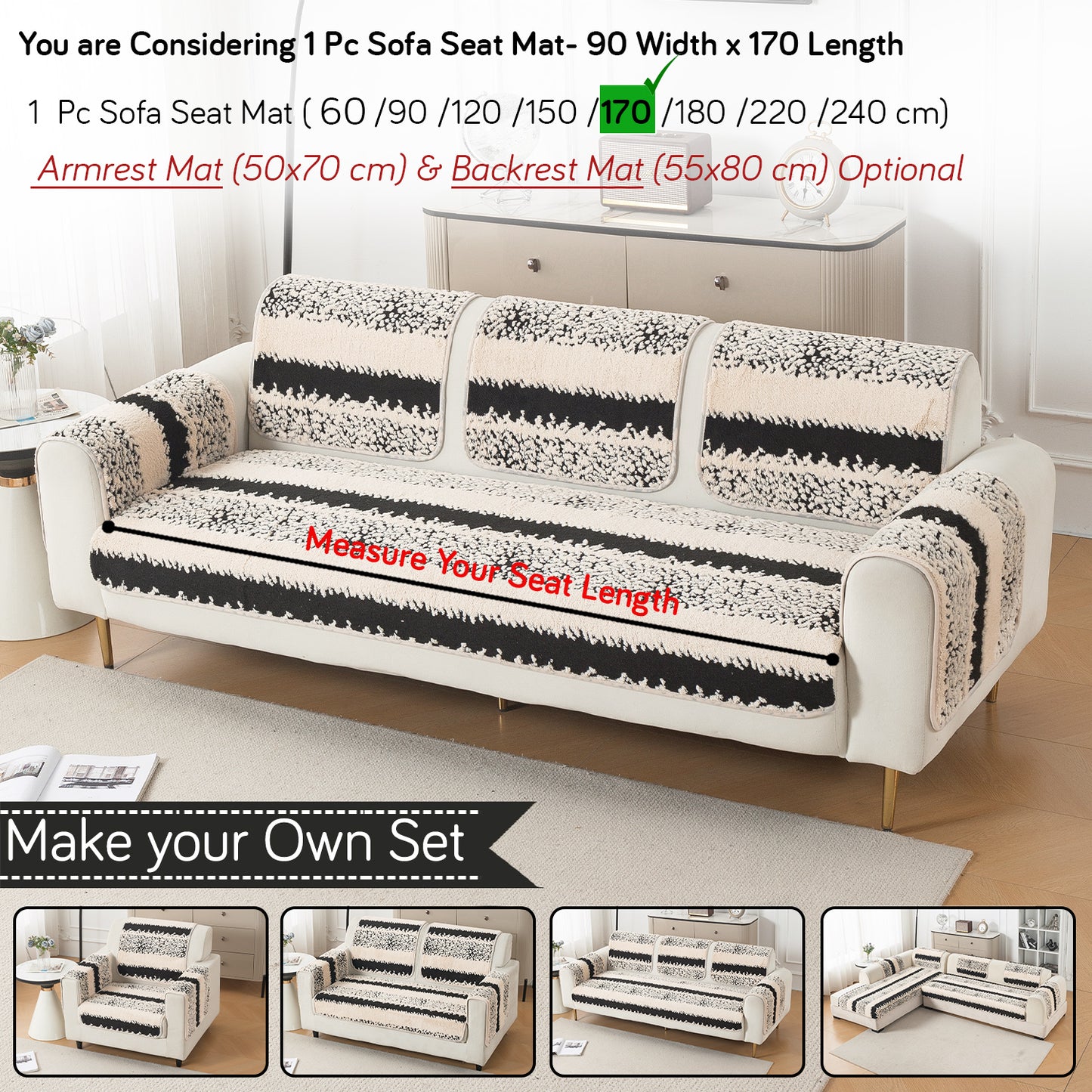 Luxury Plush Sherpa Anti-Slip Sofa Cover Mat, 'Noirea Series'| Textured Stripe