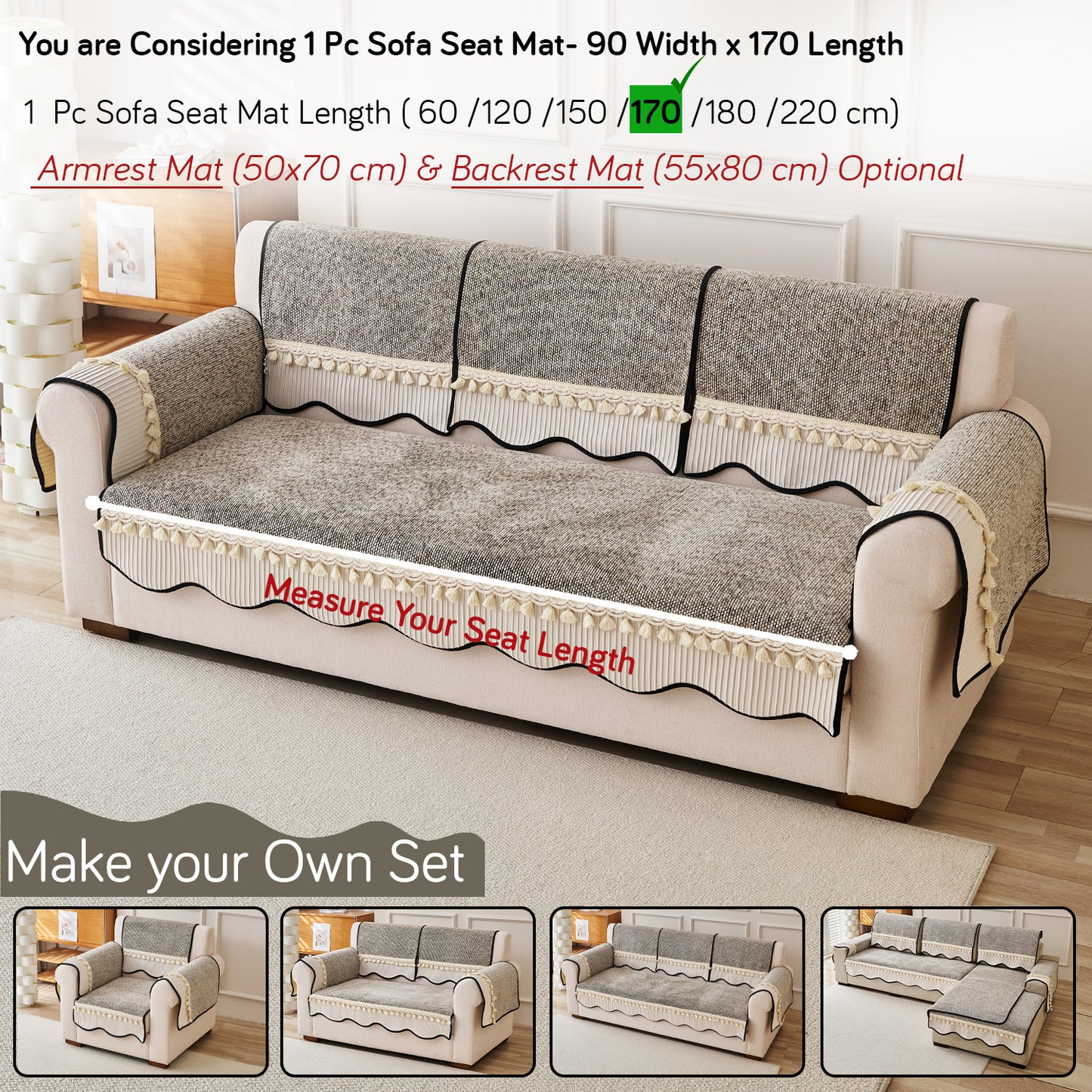 Thick Woven Weave Chenille Sofa Cover with Tassel|'Wavy Royale Series' Taupe Mist